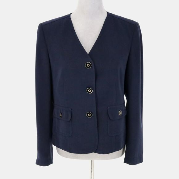 Kasper Jacket Petites 12P Navy Blue Crepe Collarless Lined Blazer Pockets Career - Picture 1 of 14